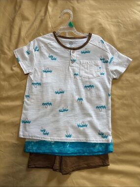 Kids 3 Piece Set -Short Sleeve Tee with Palm Print, Teal Tank Top & Brown Shorts